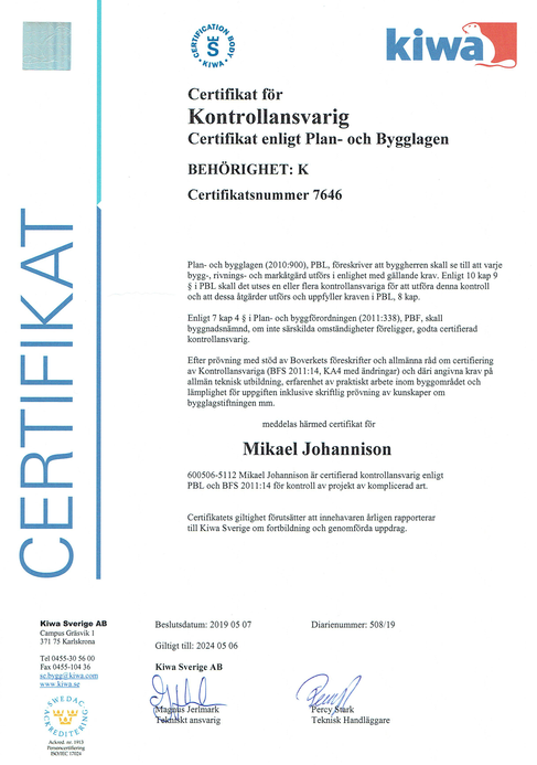 Certifikat för Mikael Johannison, Certifierad Kontrollansvarig